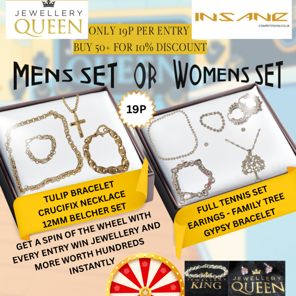 WIN MENS OR WOMENS SET ONLY 19P+SPIN THE WHEEL FOR A BONUS CHANCE TO INSTANTLY WIN JEWELERY AND MORE INSTANTLY