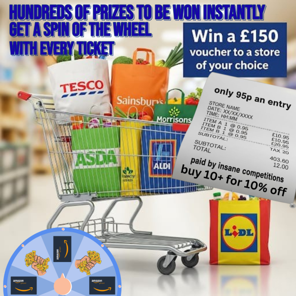 £150 SHOPPING VOUCHER GET + FREE SPIN OF THE WHEEL TO WIN £1000S IN AMAZON VOUCHERS-TICKET BUNDLES AND CREDIT
