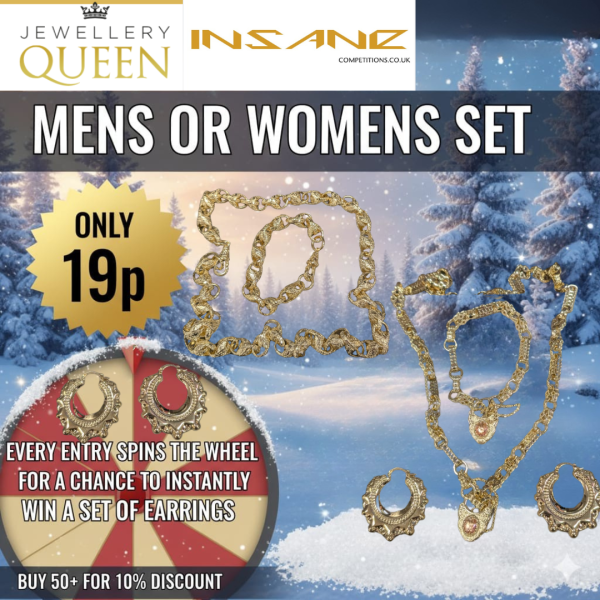 JEWELERY QUEEN MENS OR WOMENS SET ONLY 19P GET A SPIN OF THE WHEEL WITH EVERY ENTRY FOR A CHANCE TO WIN JEWELERY INSTANTLY (Copy)